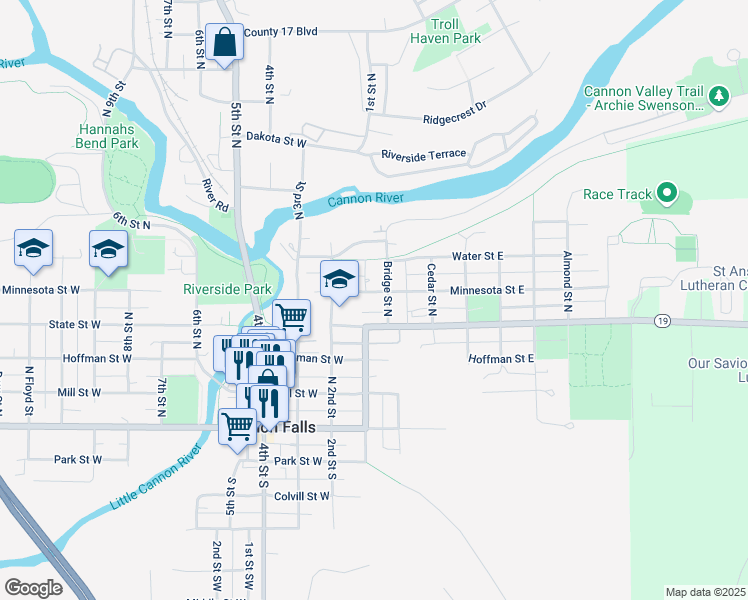 map of restaurants, bars, coffee shops, grocery stores, and more near 107 Minnesota Street East in Cannon Falls