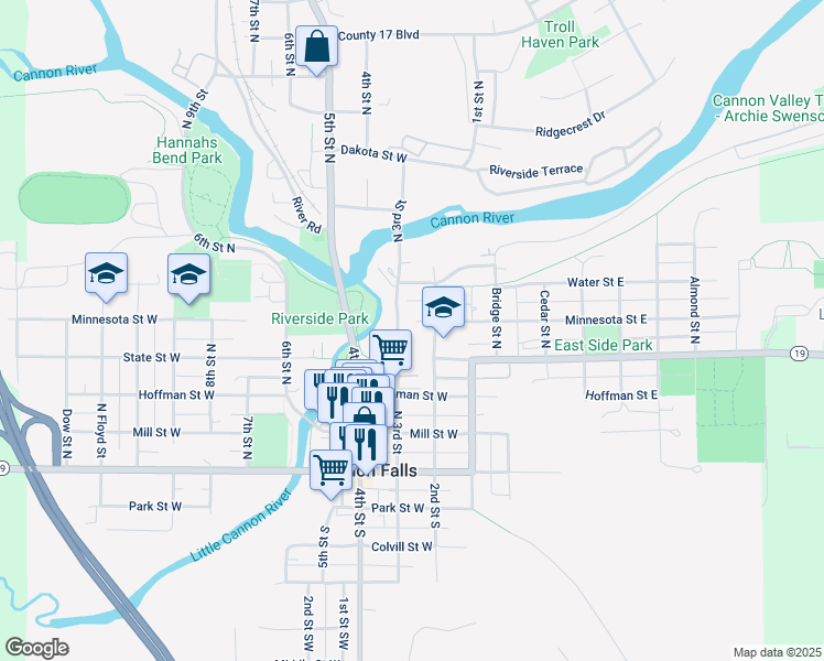 map of restaurants, bars, coffee shops, grocery stores, and more near 220 Minnesota Street West in Cannon Falls