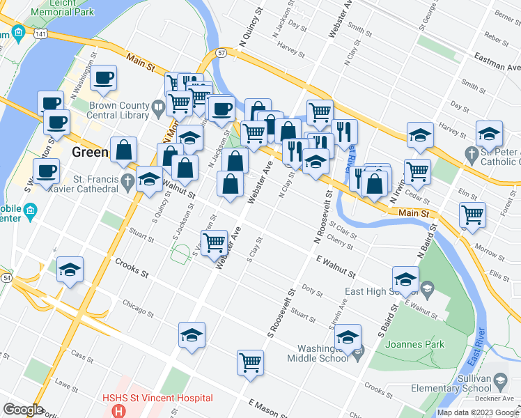 map of restaurants, bars, coffee shops, grocery stores, and more near 1014 Cherry Street in Green Bay