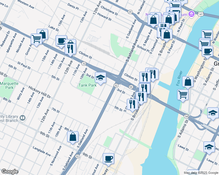 map of restaurants, bars, coffee shops, grocery stores, and more near 709 3rd Street in Green Bay