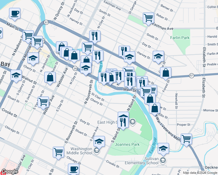map of restaurants, bars, coffee shops, grocery stores, and more near 1270 Main Street in Green Bay