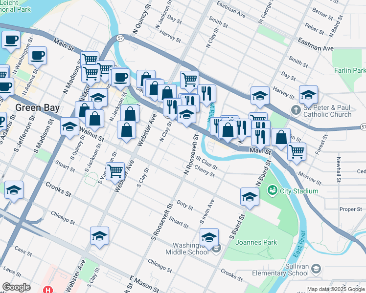 map of restaurants, bars, coffee shops, grocery stores, and more near 1152 Pine St in Green Bay
