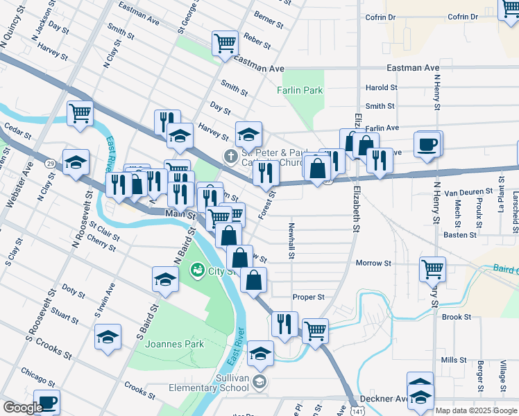 map of restaurants, bars, coffee shops, grocery stores, and more near 1465 Elm Street in Green Bay