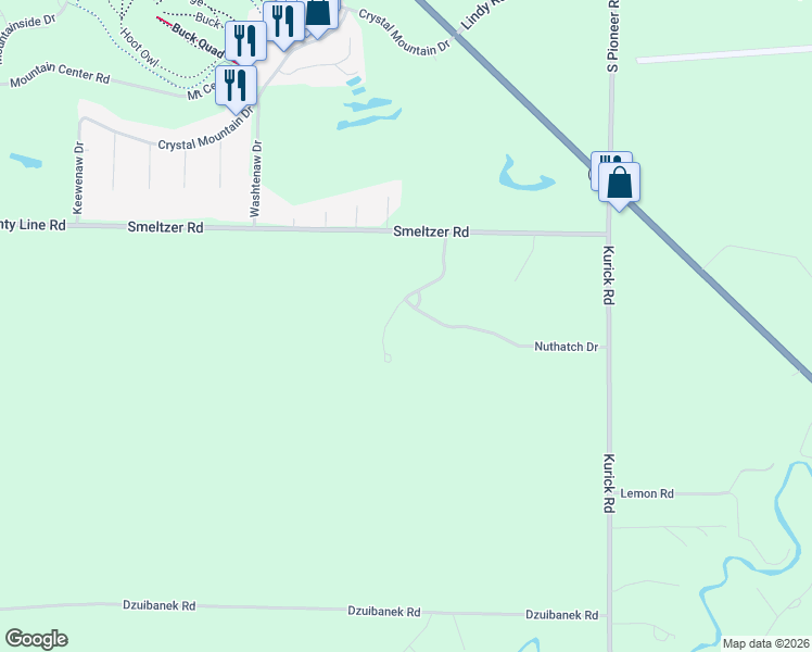 map of restaurants, bars, coffee shops, grocery stores, and more near 18844 Meadowlark Road in Thompsonville