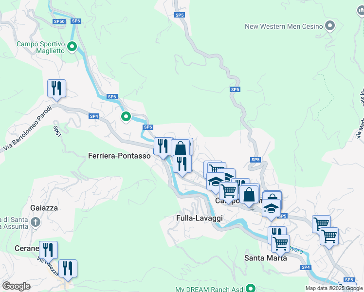 map of restaurants, bars, coffee shops, grocery stores, and more near 115 R Via Villa Berrone in Campomorone