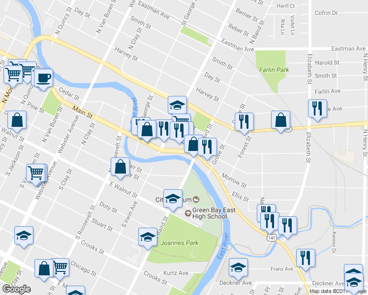 map of restaurants, bars, coffee shops, grocery stores, and more near 1335 Main Street in Green Bay
