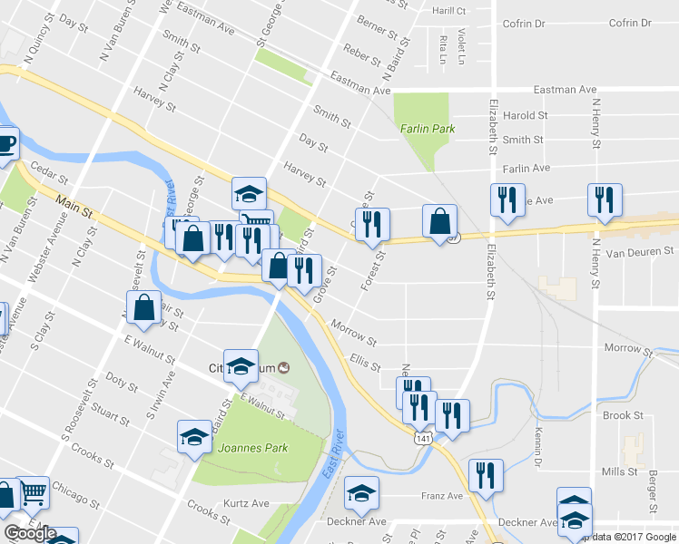 map of restaurants, bars, coffee shops, grocery stores, and more near 1440 Elm Street in Green Bay