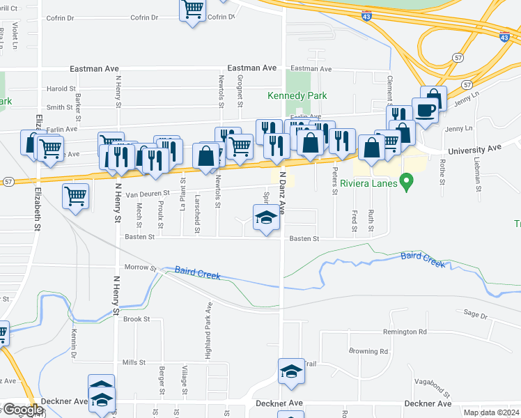 map of restaurants, bars, coffee shops, grocery stores, and more near 545 Spinnaker Lane in Green Bay