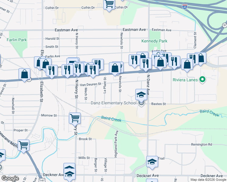 map of restaurants, bars, coffee shops, grocery stores, and more near 543 Newtols Street in Green Bay