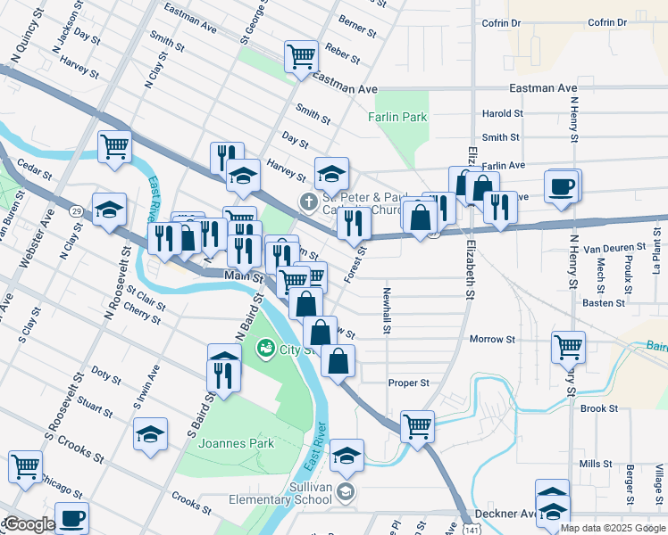 map of restaurants, bars, coffee shops, grocery stores, and more near 1440 Elm Street in Green Bay