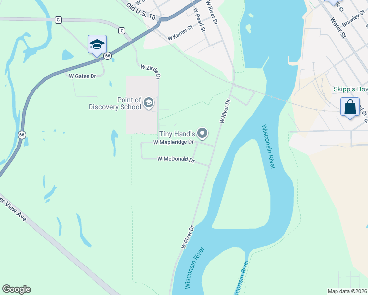 map of restaurants, bars, coffee shops, grocery stores, and more near 409 West Mapleridge Drive in Stevens Point