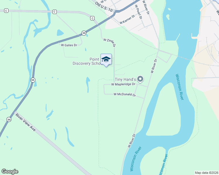 map of restaurants, bars, coffee shops, grocery stores, and more near 509 West Mapleridge Drive in Stevens Point