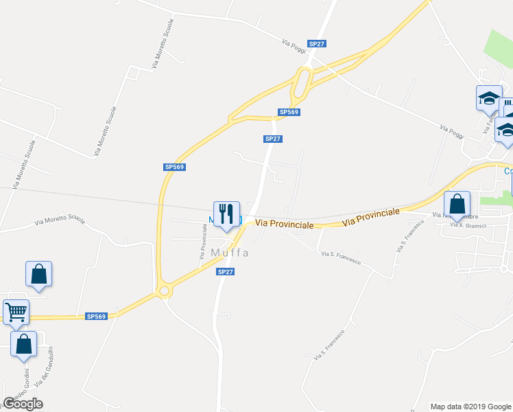 map of restaurants, bars, coffee shops, grocery stores, and more near Strada Provinciale 27 in Crespellano