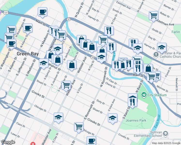 map of restaurants, bars, coffee shops, grocery stores, and more near 1109 Cherry St in Green Bay