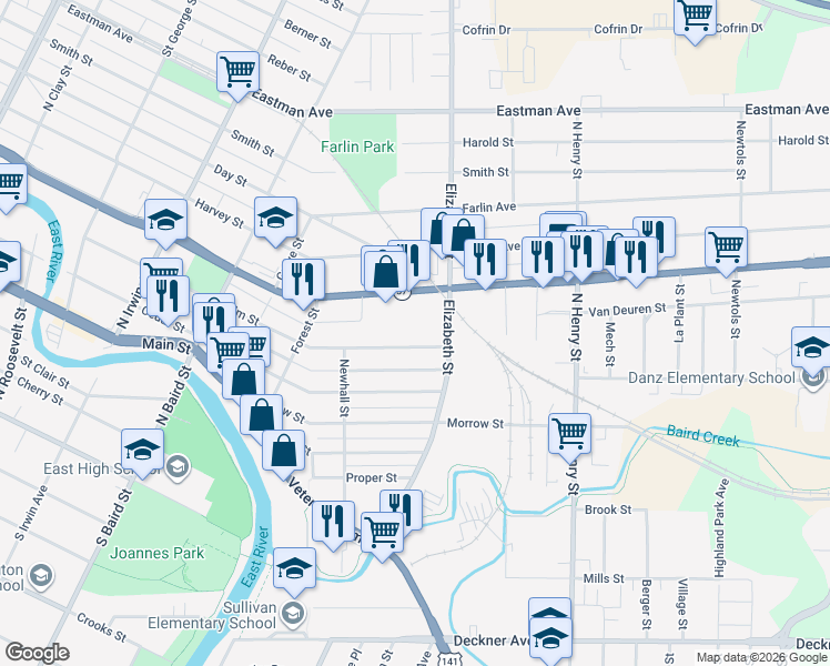 map of restaurants, bars, coffee shops, grocery stores, and more near 1561 Elm Street in Green Bay