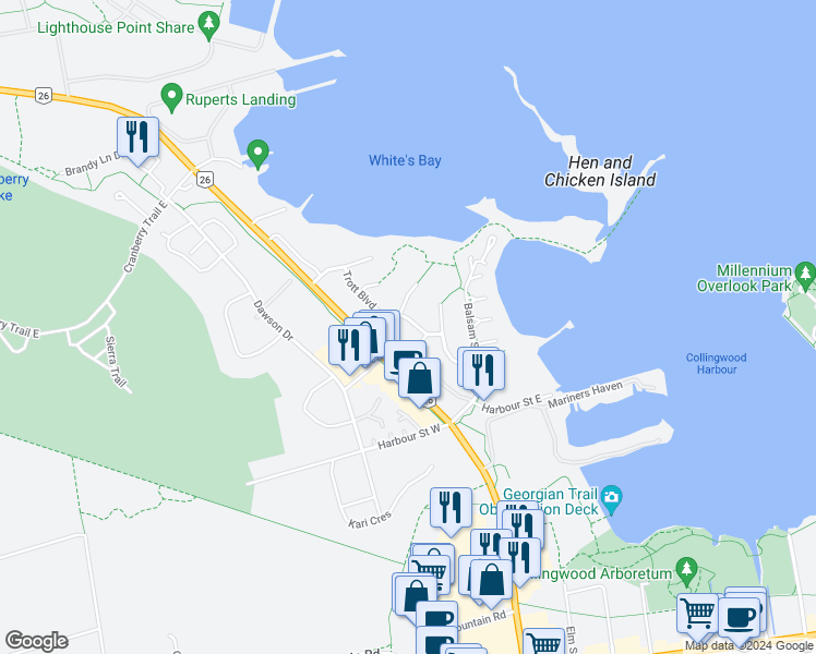 map of restaurants, bars, coffee shops, grocery stores, and more near 119 Trott Boulevard in Collingwood