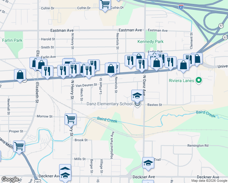 map of restaurants, bars, coffee shops, grocery stores, and more near 543 Newtols Street in Green Bay