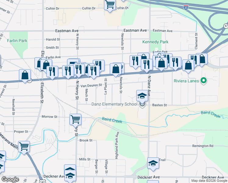 map of restaurants, bars, coffee shops, grocery stores, and more near 543 Newtols Street in Green Bay