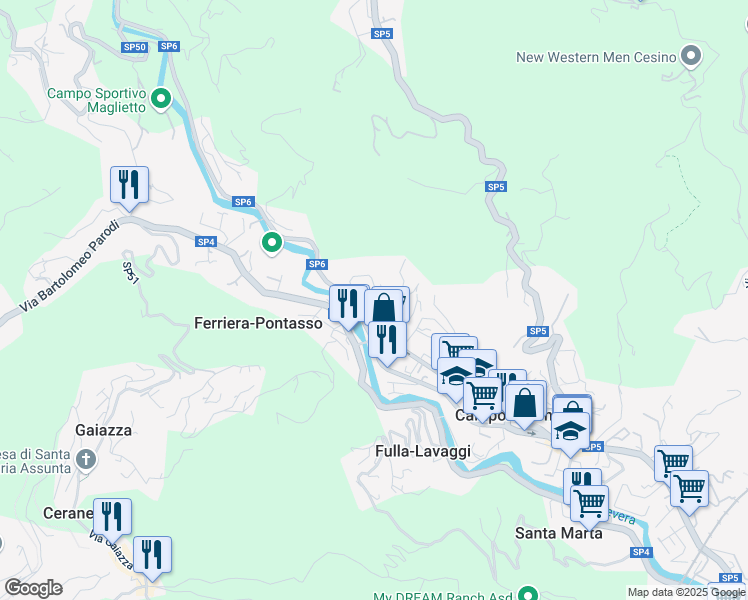 map of restaurants, bars, coffee shops, grocery stores, and more near 115 R Via Villa Berrone in Campomorone