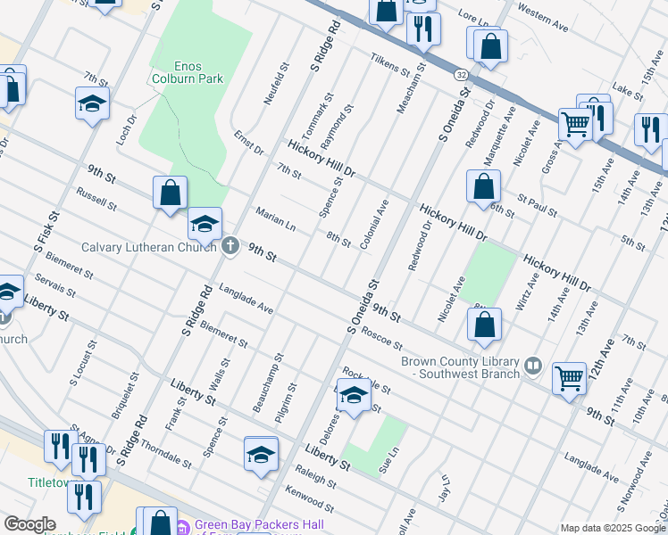 map of restaurants, bars, coffee shops, grocery stores, and more near 1225 Meacham Street in Green Bay