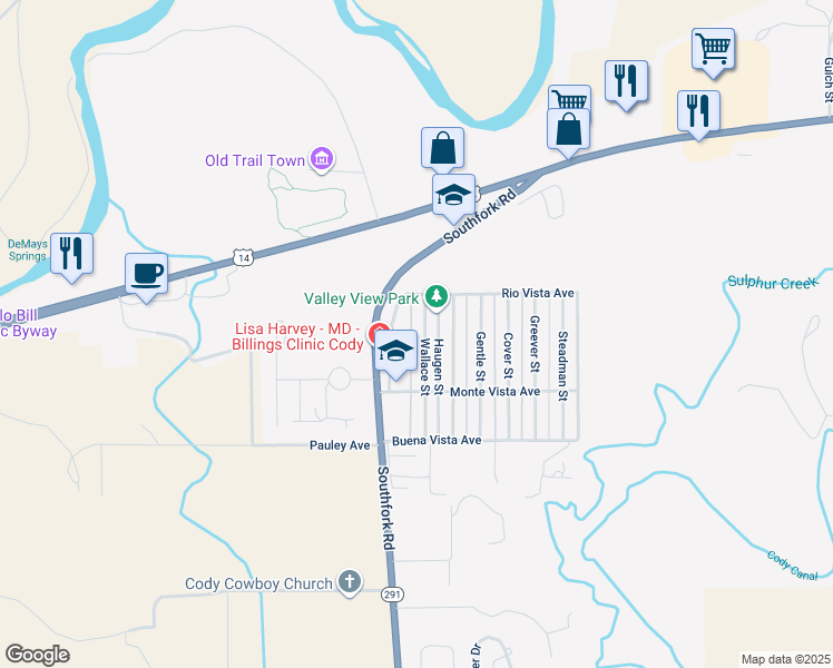 map of restaurants, bars, coffee shops, grocery stores, and more near 2121 Wallace Street in Cody