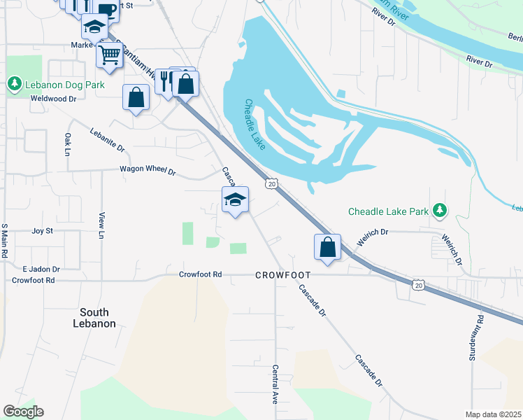 map of restaurants, bars, coffee shops, grocery stores, and more near 457 Cascade Drive in Lebanon