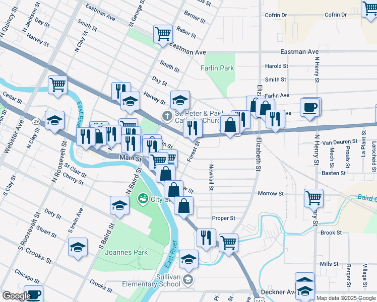 map of restaurants, bars, coffee shops, grocery stores, and more near 1465 Elm Street in Green Bay