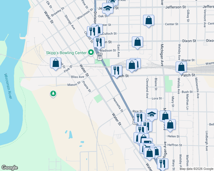 map of restaurants, bars, coffee shops, grocery stores, and more near 1117 Francis Street in Stevens Point