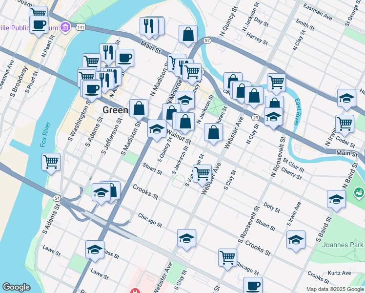 map of restaurants, bars, coffee shops, grocery stores, and more near 114 South Jackson Street in Green Bay