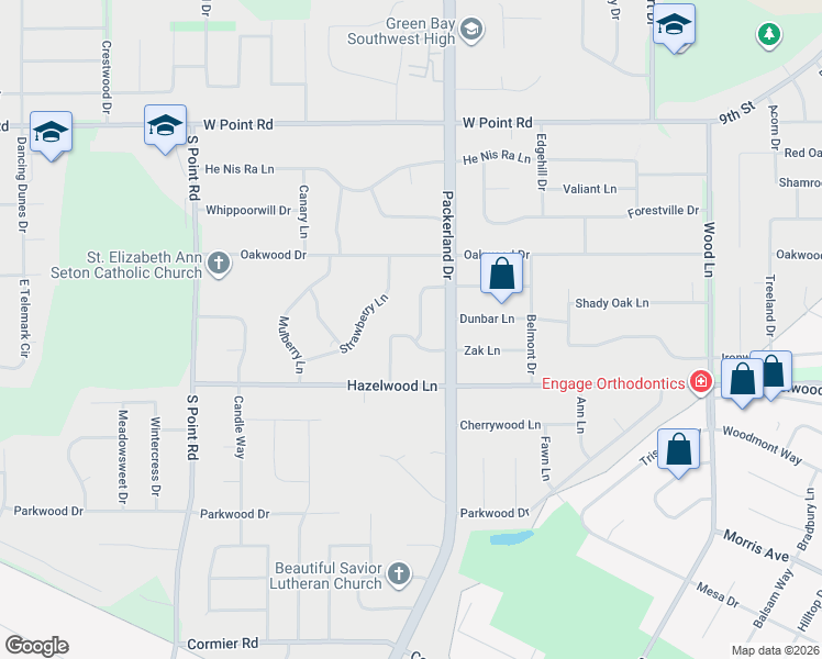 map of restaurants, bars, coffee shops, grocery stores, and more near 2630 Zac Lane in Green Bay