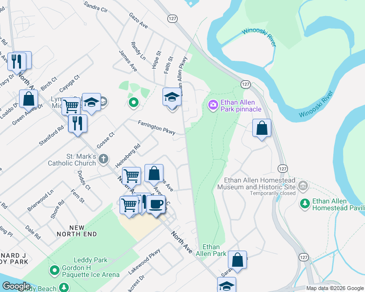 map of restaurants, bars, coffee shops, grocery stores, and more near 266 Ethan Allen Parkway in Burlington