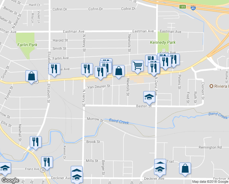 map of restaurants, bars, coffee shops, grocery stores, and more near 552 La Plant Street in Green Bay