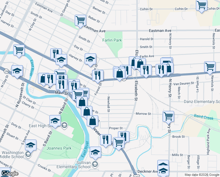 map of restaurants, bars, coffee shops, grocery stores, and more near 1501 Block Elm Street in Green Bay