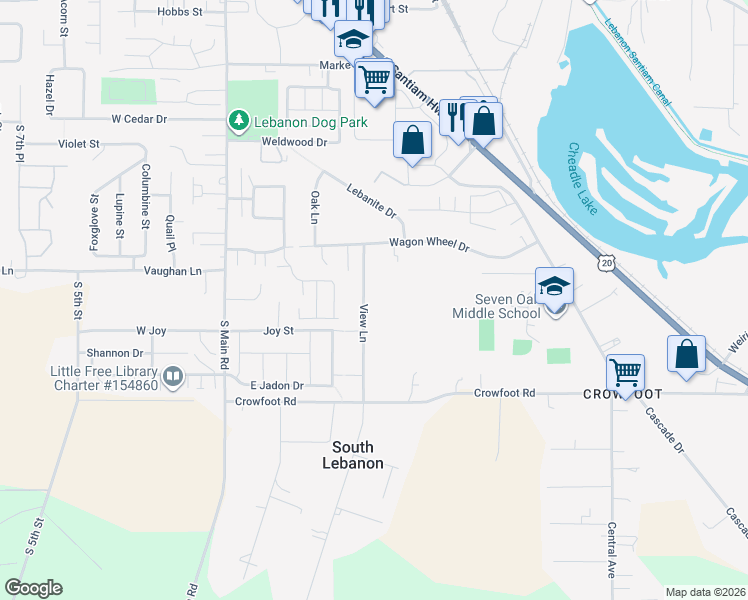 map of restaurants, bars, coffee shops, grocery stores, and more near 215 View Lane in Lebanon