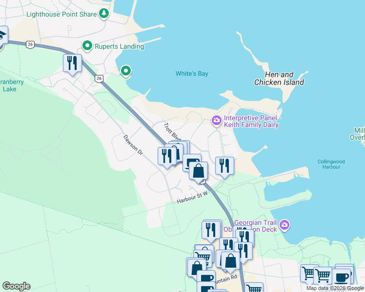 map of restaurants, bars, coffee shops, grocery stores, and more near 53 Trott Boulevard in Collingwood