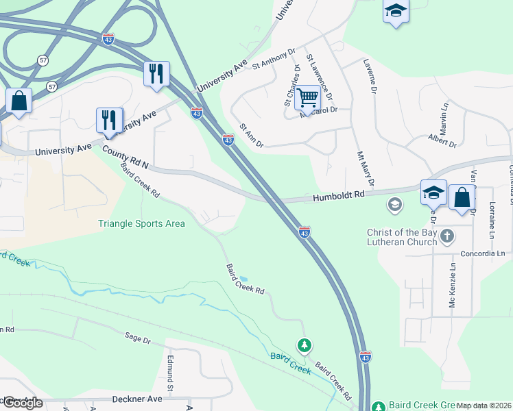 map of restaurants, bars, coffee shops, grocery stores, and more near 2780 County Road North in Green Bay