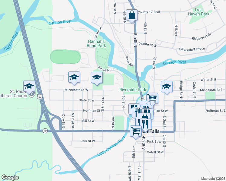 map of restaurants, bars, coffee shops, grocery stores, and more near Minnesota Street West in Cannon Falls