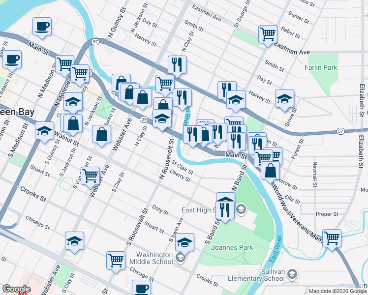 map of restaurants, bars, coffee shops, grocery stores, and more near 300 North Roosevelt Street in Green Bay