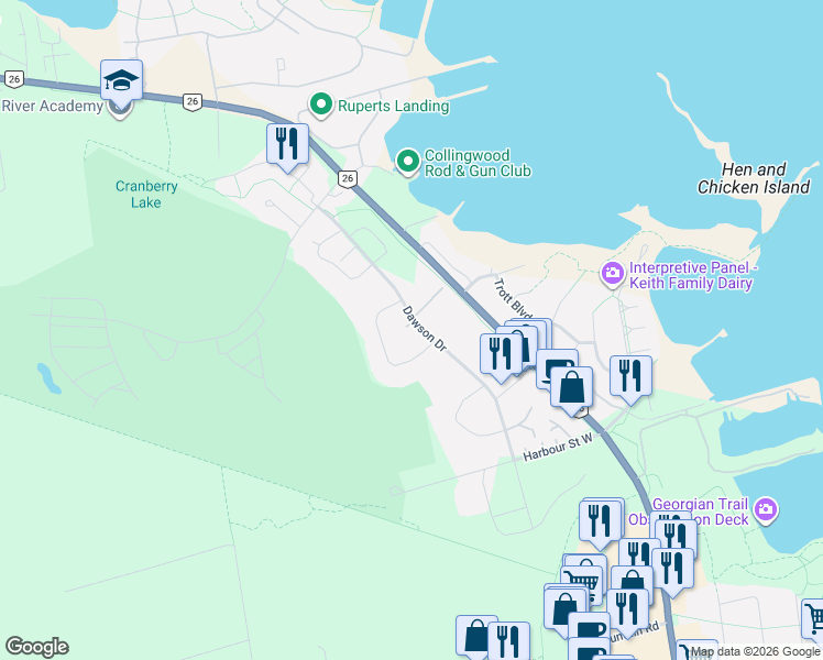 map of restaurants, bars, coffee shops, grocery stores, and more near 22 Dawson Drive in Collingwood