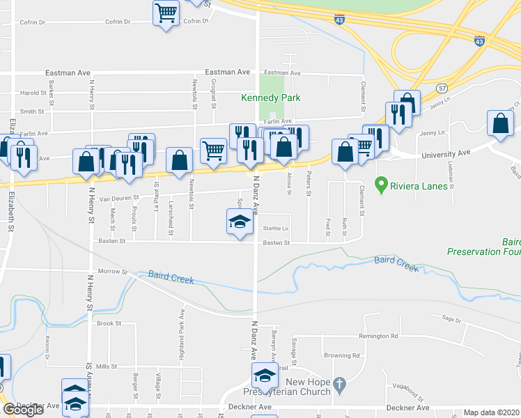map of restaurants, bars, coffee shops, grocery stores, and more near 2201 Maccaux Drive in Green Bay