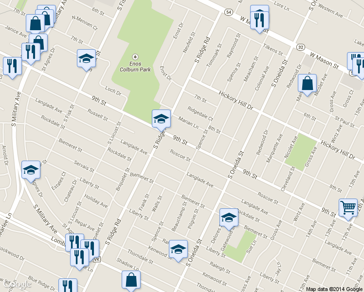 map of restaurants, bars, coffee shops, grocery stores, and more near 1261 9th Street in Green Bay