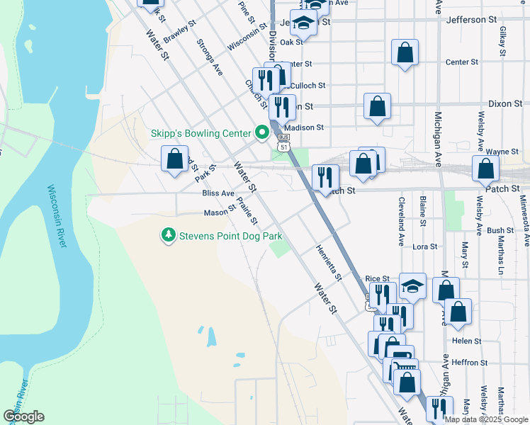 map of restaurants, bars, coffee shops, grocery stores, and more near 2540 Water Street in Stevens Point
