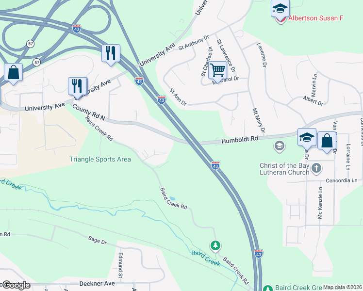map of restaurants, bars, coffee shops, grocery stores, and more near 2780 County Road North in Green Bay