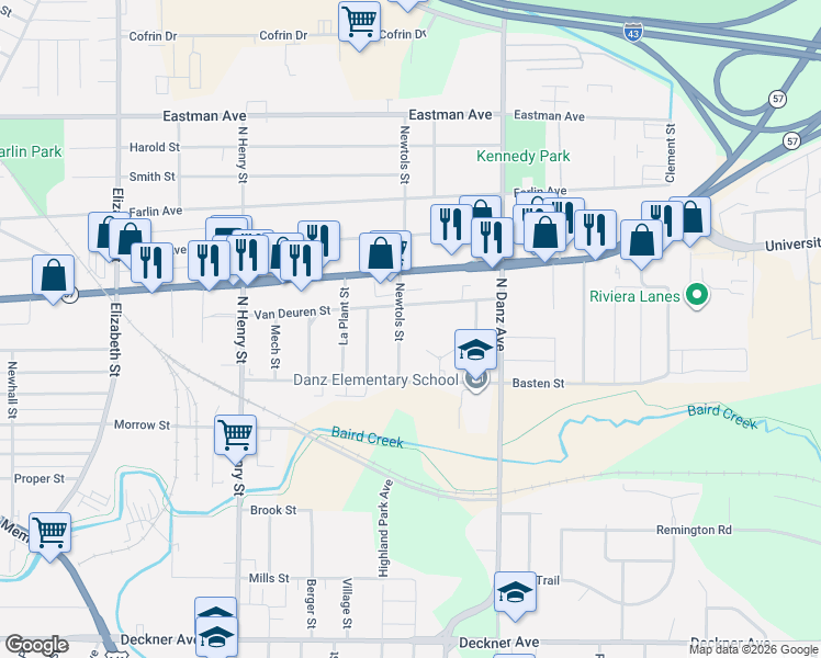 map of restaurants, bars, coffee shops, grocery stores, and more near 543 Newtols Street in Green Bay