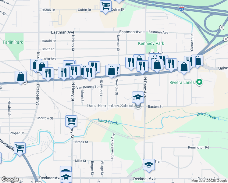 map of restaurants, bars, coffee shops, grocery stores, and more near 543 Newtols Street in Green Bay