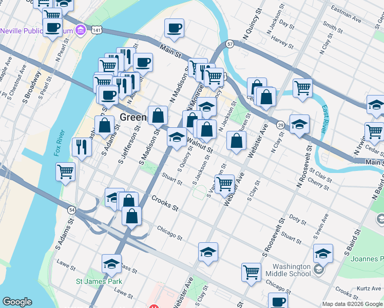 map of restaurants, bars, coffee shops, grocery stores, and more near 129 South Quincy Street in Green Bay