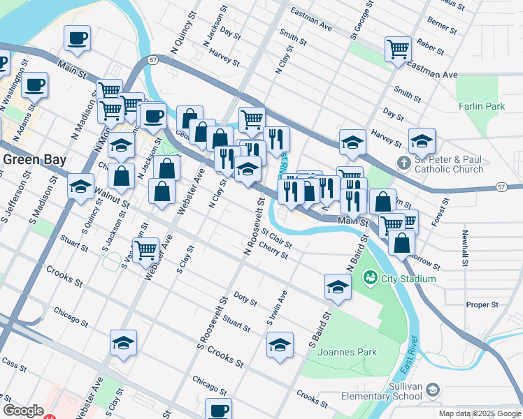 map of restaurants, bars, coffee shops, grocery stores, and more near 1201 Pine Street in Green Bay