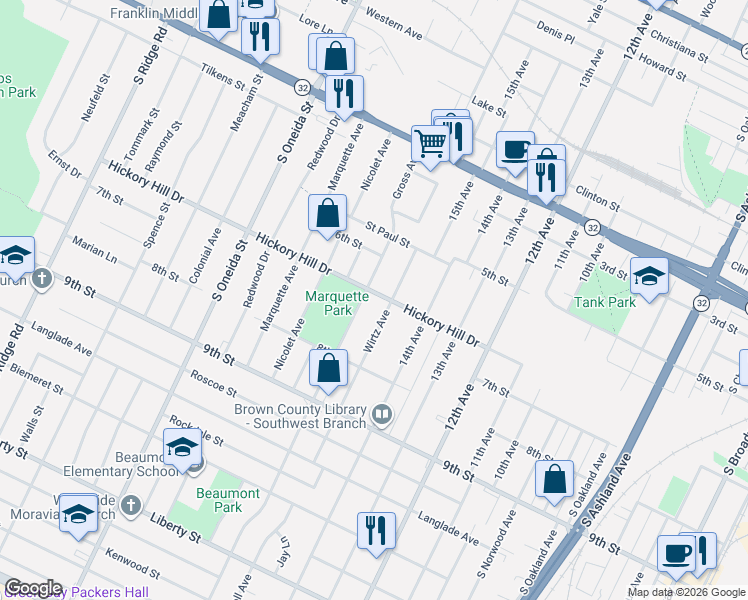 map of restaurants, bars, coffee shops, grocery stores, and more near 1107 Gross Avenue in Green Bay