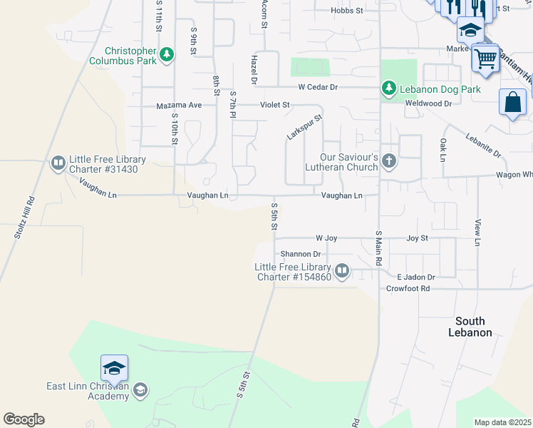 map of restaurants, bars, coffee shops, grocery stores, and more near 31740 Southwest 5th Street in Lebanon