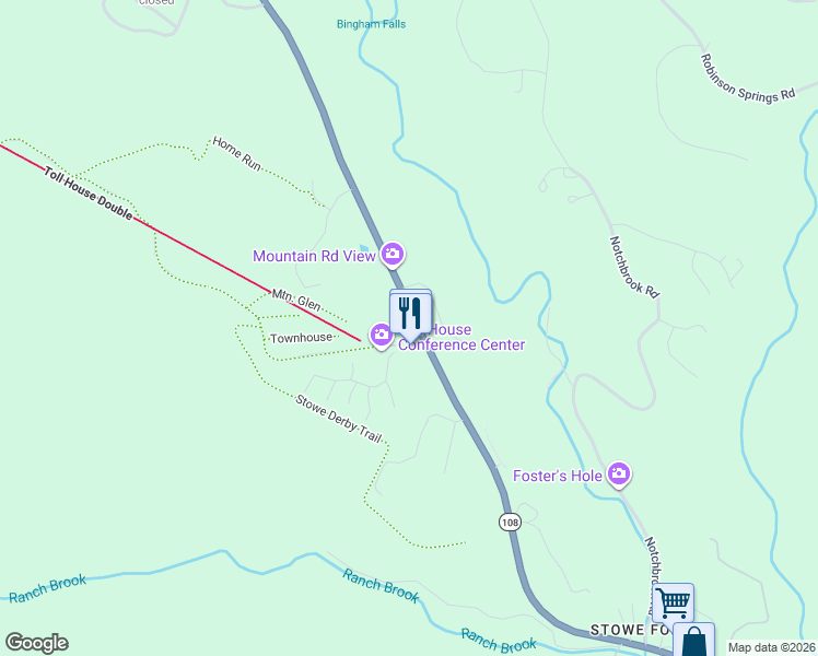 map of restaurants, bars, coffee shops, grocery stores, and more near 6164-6232 Mountain Road in Stowe